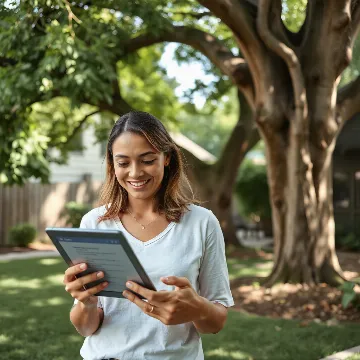 Homeowner looking at a digital safety guide on a tablet, with lush green trees in the background