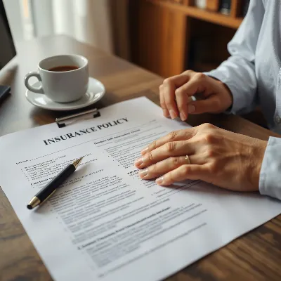 Close-up photorealistic image of a homeowner reviewing an insurance policy and contract documents