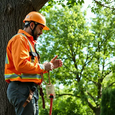 Photorealistic image of a tree care professional demonstrating safety equipment and practices