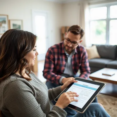 Detailed image of a homeowner verifying contractor credentials on a tablet