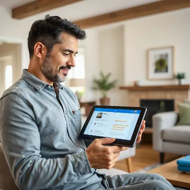 Homeowner reviewing contractor details on tablet
