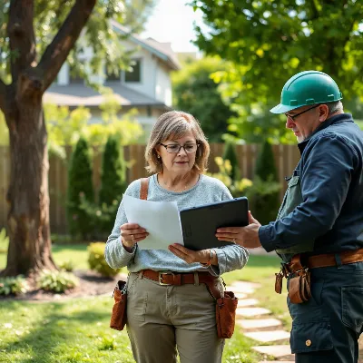 Homeowner discussing tree care contract with a professional